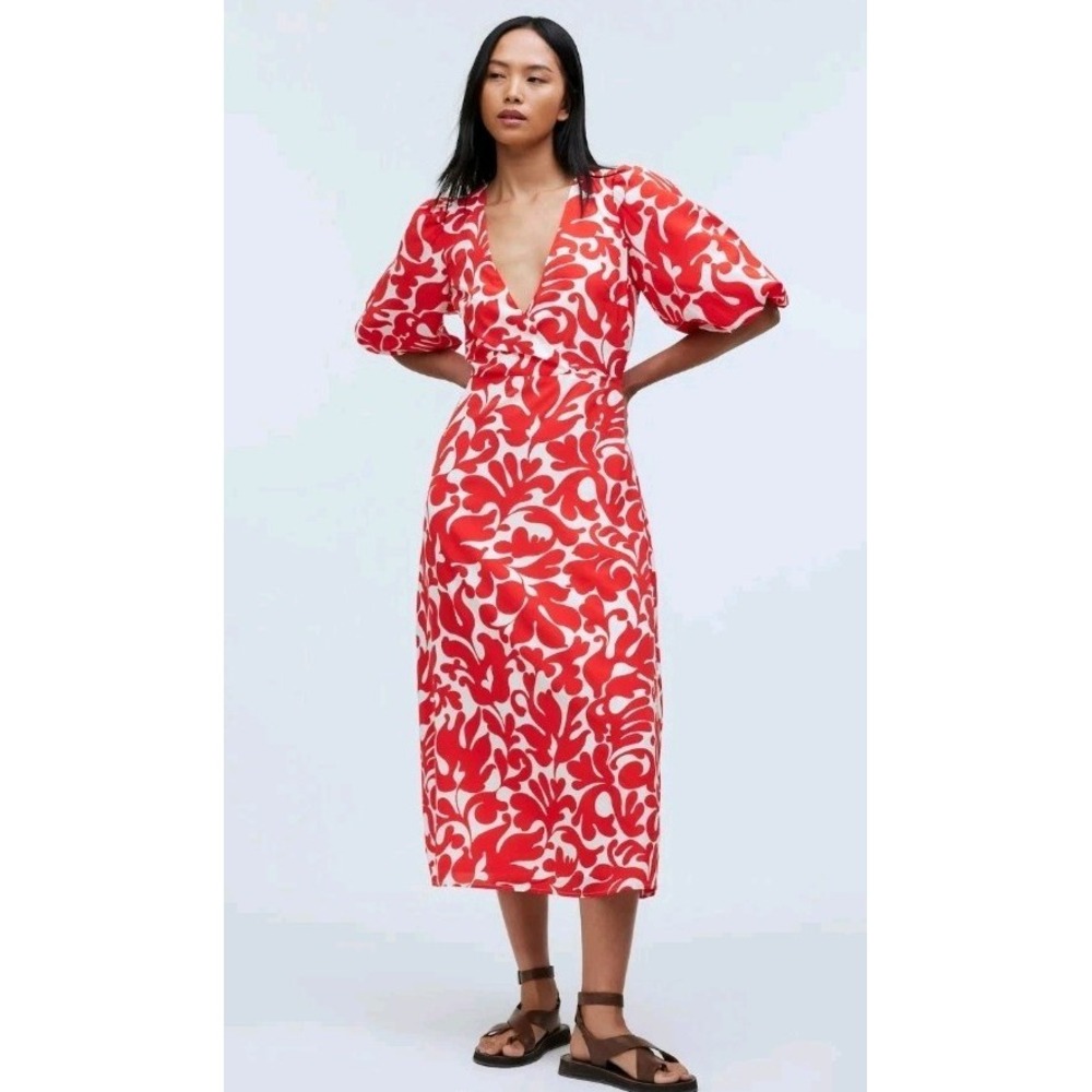 Rhode Ina Midi Dress W/ Puff Sleeves in Red Caspi Sz 6 NWT MSRP $450 - Picture 2 of 14